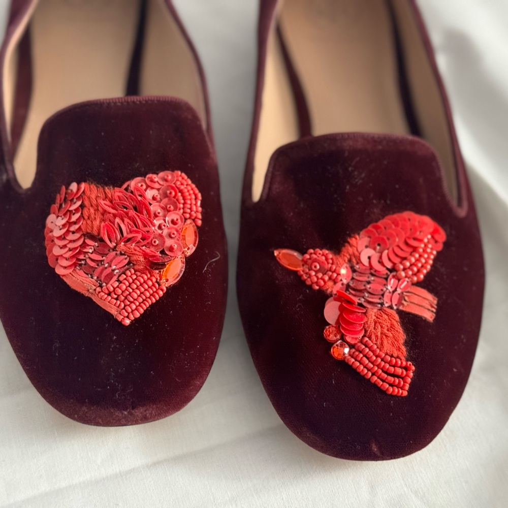NEW Tory Burch Sz 9 Purple burgundy velvet lofer beaded heart and dove - Picture 6 of 15